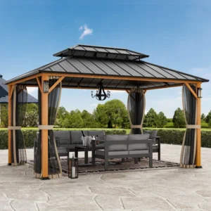 Hamilton 10' x 14' Hard Top Gazebo With Solar Self Powered LED Lights, Mosquito Netting And Canopy Hook