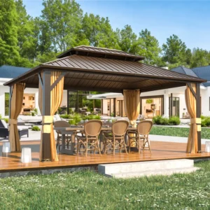 Heavy-Duty Aluminum Gazebo with Galvanized Steel Double Roof, Hardtop Outdoor Canopy with Curtain